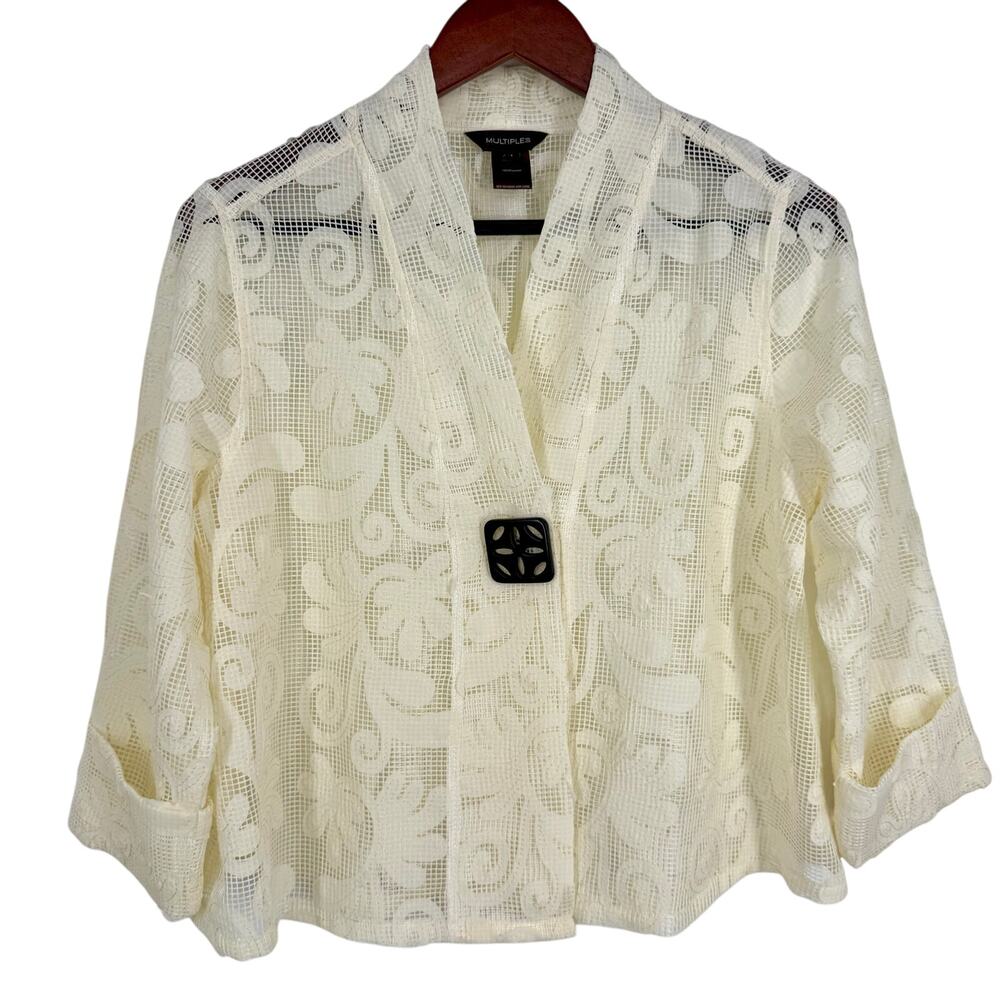 MULTIPLES Sz Medium Ivory Cover Up Blazer Jacket Blouse Shirt Top Wearable Art